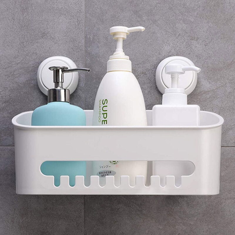 Suction Cup Shower Caddy Bathroom Shower Shelf Storage Basket Wall Mounted Organizer for Shampoo, Conditioner, Plastic Shower Rack for Kitchen & Bathroom, Drill-Free Removable, White