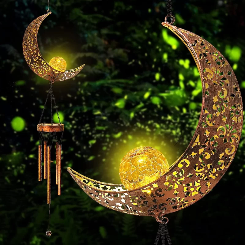 Hanging Garden Solar Lights Wind Chimes Outdoor Retro Brass Metal Moon Crackle Glass Globle Warm LED Moon Lights,Unique Memorial Gift with 5 Metal Tubes for Patio Garden Yard Lawn Decorations