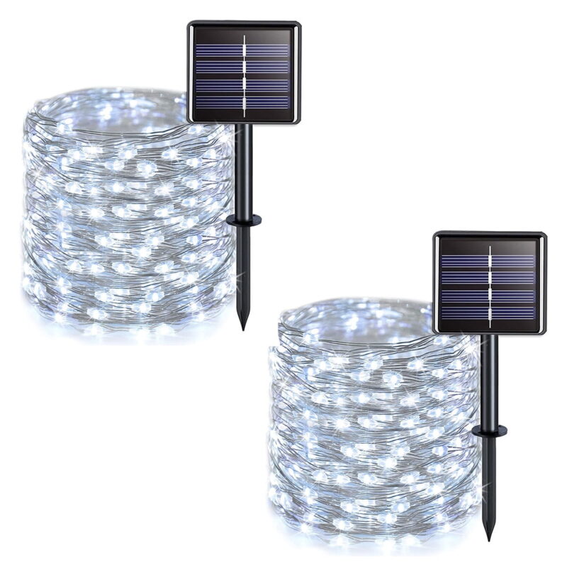 Solar String Lights Outdoor, 33Feet 100 LED Copper Wire Lights, 8 Modes Solar Powered Fairy Lights, Waterproof Solar Decoration Lights for Garden Yard Party Wedding Christmas White -2Pack