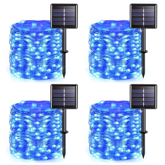 Solar String Lights Outdoor, Mini 66Feet 200 LED Copper Wire Lights, 8 Modes Solar Powered Fairy Lights, Waterproof Solar Decoration Lights for Garden Yard Party Wedding Christmas(Blue)-4Pack