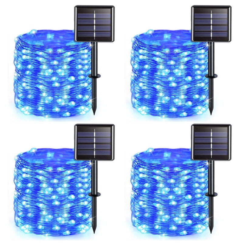 Solar String Lights Outdoor, Mini 66Feet 200 LED Copper Wire Lights, 8 Modes Solar Powered Fairy Lights, Waterproof Solar Decoration Lights for Garden Yard Party Wedding Christmas(Blue)-4Pack