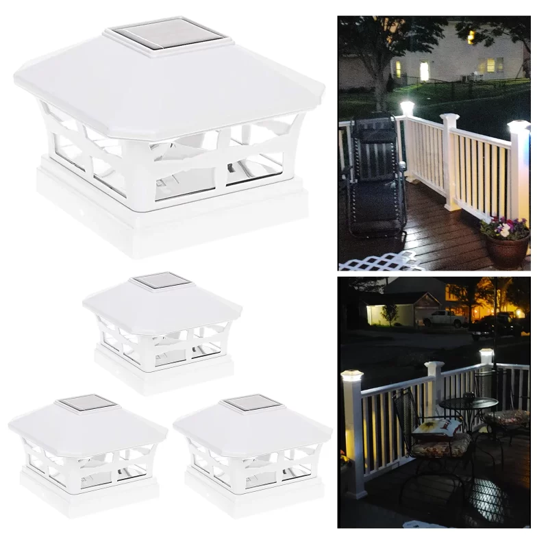 4 Pack Solar Post Cap Lights, 2 Modes LED Deck Fence Cap Lights for Fence, Deck or Patio Decoration Waterproof fits Wooden Posts, (White)