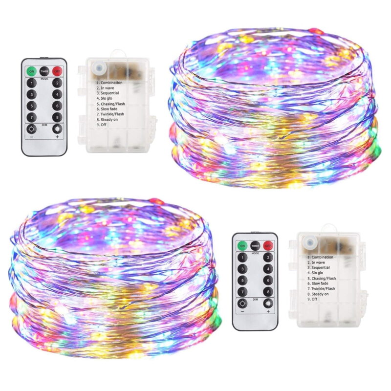 Outdoor String Lights 100LED 33Ft Battery Operated LED Rope Lights with Remote Indoor Timer Fairy Lights for Patio Easter Christmas Party - 2Pack Multi Color