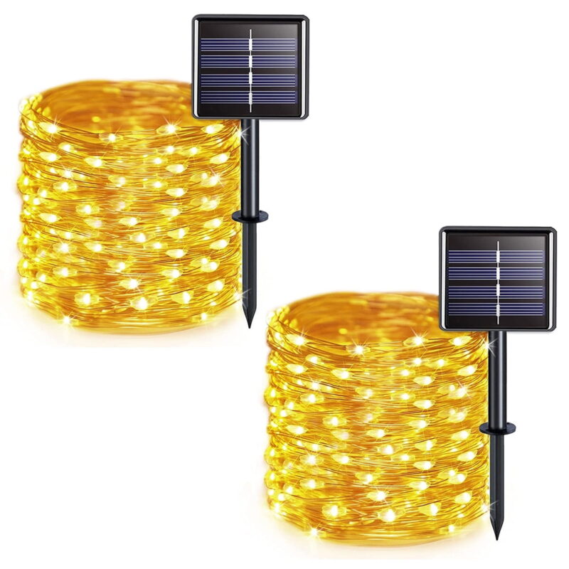 Solar String Lights, 200 LED Solar Fairy Lights 66 feet 8 Modes Lights Waterproof Outdoor String Lights for Garden Patio Gate Yard Party Wedding Indoor Bedroom Warm White 2Pack