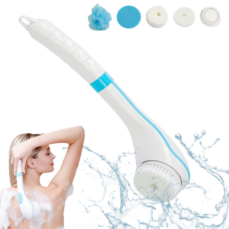 Electric Body Bath Brush for Shower, USB Rechargeable Shower Brush with Long Handle, Back Scrubber, 5 in 1 Body Exfoliation and Massage Deep Cleansing Set Blue