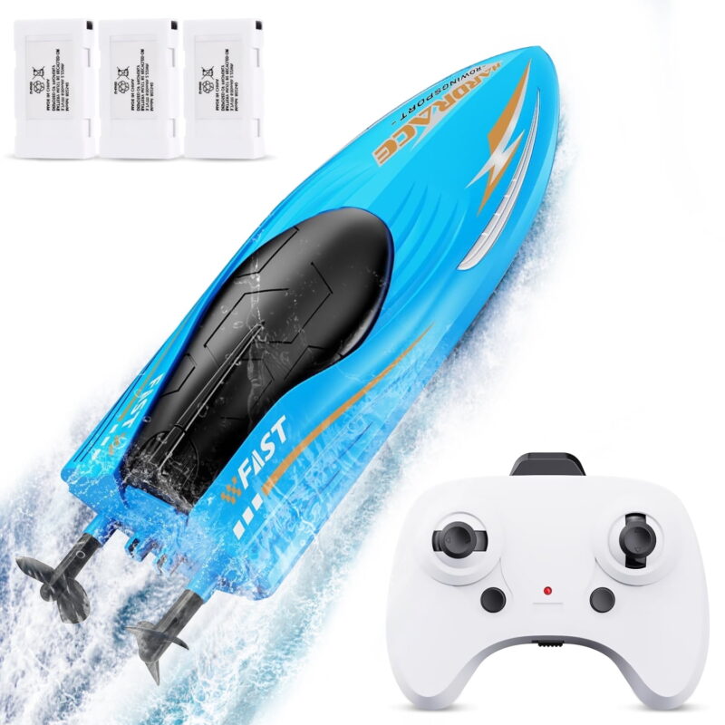 TiokMc RC Boat for Kids & Adults - 2.4 GHz Remote Control, 15 Km/h Speed, Pool Lake Water Play Toy Gift for Boys Age 4-8 & Up Blue