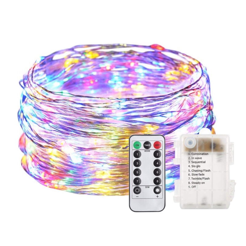 Outdoor String Lights 100LED 33Ft Battery Operated LED Rope Lights with Remote Indoor Timer Fairy Lights for Patio Easter Christmas Party Multi Color