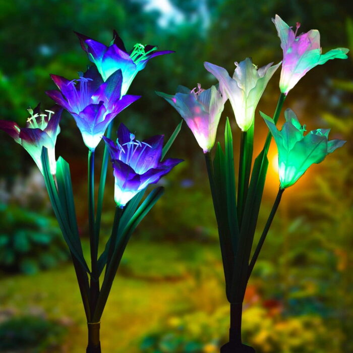 TiokMc Outdoor Solar Garden Stake Lights,2 Pack Solar Powered Lights with 8 Lily Flower, Multi-color Changing LED Solar Decorative Lights for Garden, Patio, Backyard