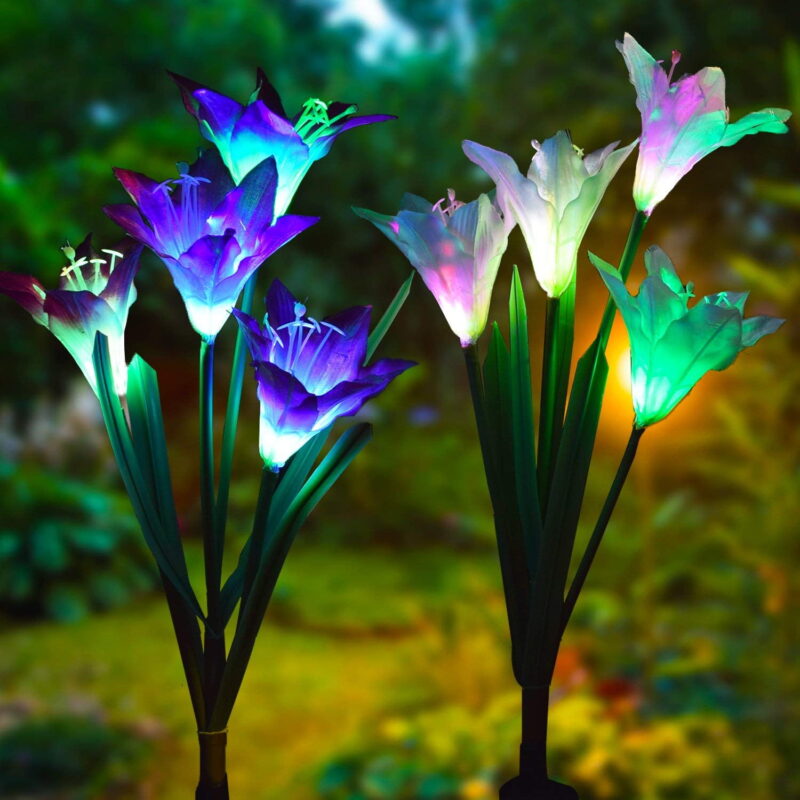 TiokMc Outdoor Solar Garden Stake Lights,2 Pack Solar Powered Lights with 8 Lily Flower, Multi-color Changing LED Solar Decorative Lights for Garden, Patio, Backyard