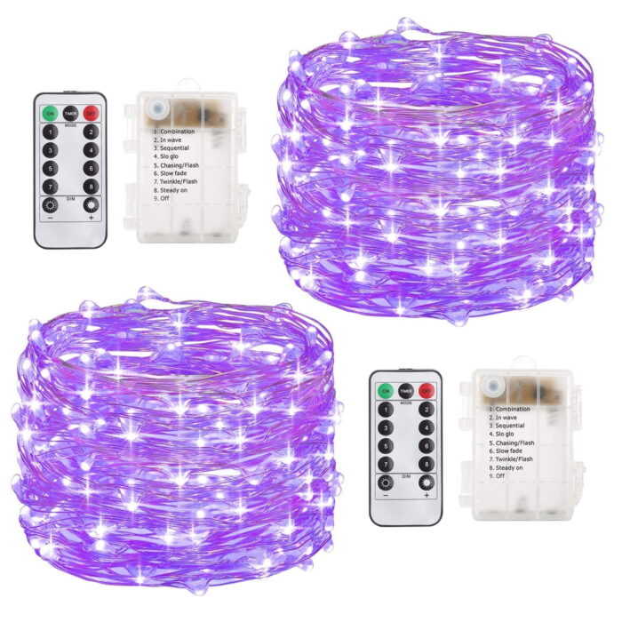 Outdoor String Lights 200LED 66Ft Battery Operated LED Rope Lights with Remote Indoor Timer Fairy Lights for Patio Easter Christmas Party - 2Pack Purple