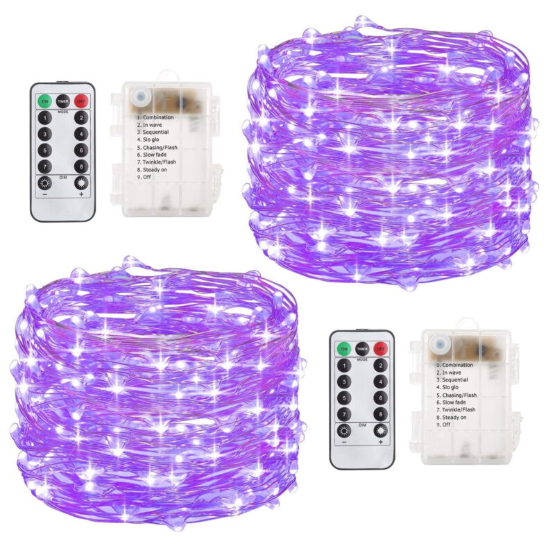 Outdoor String Lights 200LED 66Ft Battery Operated LED Rope Lights with Remote Indoor Timer Fairy Lights for Patio Easter Christmas Party - 2Pack Purple