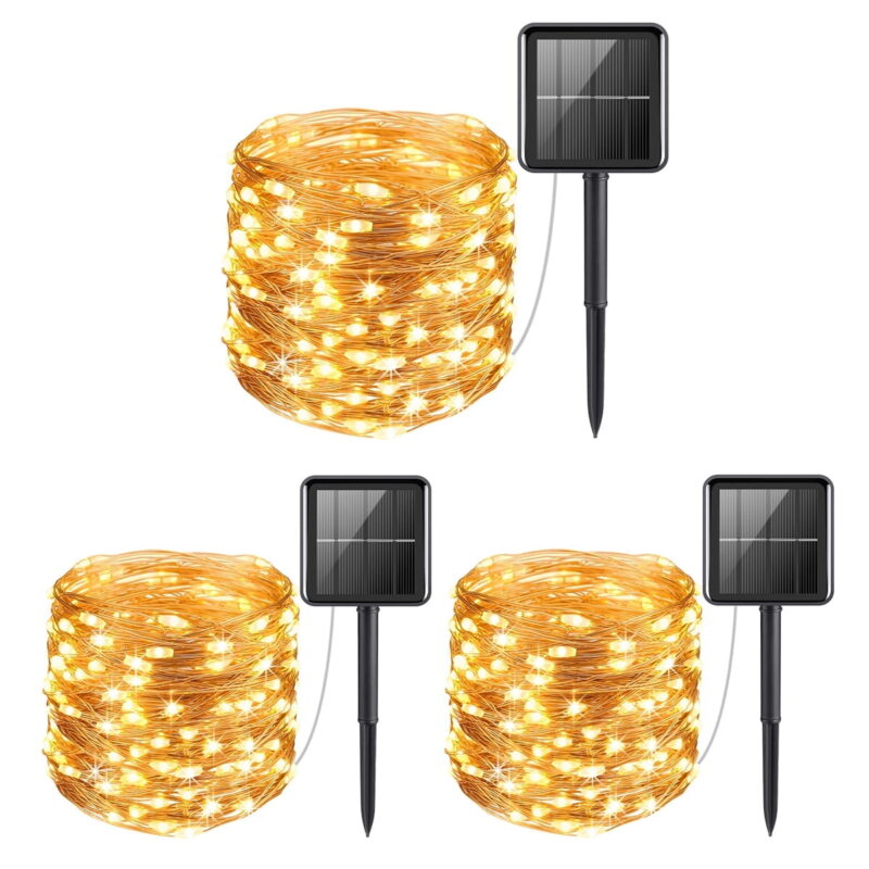 Solar String Lights Outdoor, 66Feet 200 LED Copper Wire Lights, 8 Modes Solar Powered Fairy Lights, Waterproof Solar Decoration Lights for Garden Yard Party Wedding Christmas White 3Pack