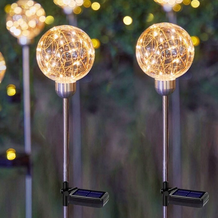 TiokMc Globe Solar Lights Outdoor Stake (2 Pack) - Warm White Firefly LED Lights - Plastic & Metal Color Solar Lights for Yard Décor
