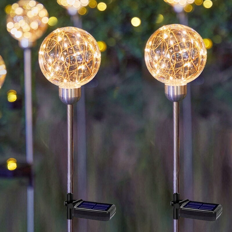 TiokMc Globe Solar Lights Outdoor Stake (2 Pack) - Warm White Firefly LED Lights - Plastic & Metal Color Solar Lights for Yard Décor