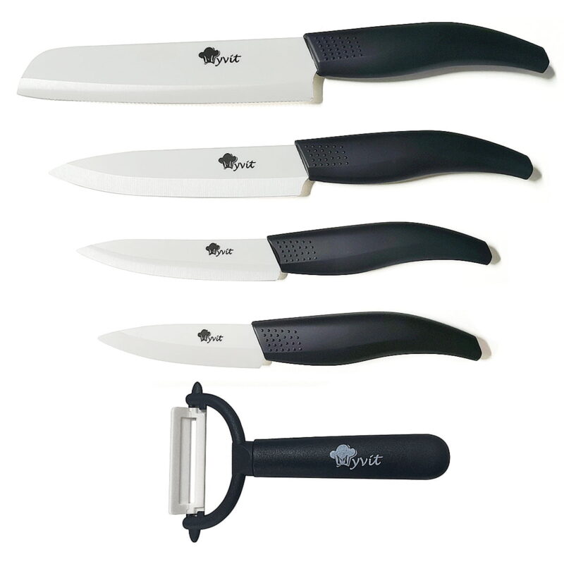 TiokMc Ceramic Knives with Covers, 5 Piece Multifunctional Kitchen Knife Set with Sheath Covers and Peeler Set, Rust Proof Chef's Paring Bread Knife, Black