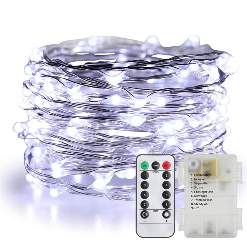 33 Feet 100 Led Fairy Lights Battery Operated with Remote Control Timer Waterproof Copper Wire Twinkle String Lights for Halloween Bedroom Indoor Outdoor Wedding Dorm Decor-White