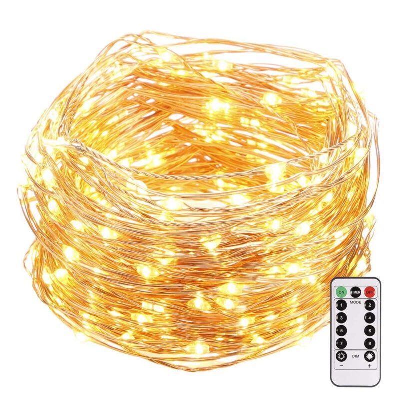 33 Feet 100 Led Fairy Lights Battery Operated with Remote Control Timer Waterproof Copper Wire Twinkle String Lights for Halloween Bedroom Indoor Outdoor Wedding Dorm Decor-Warm White