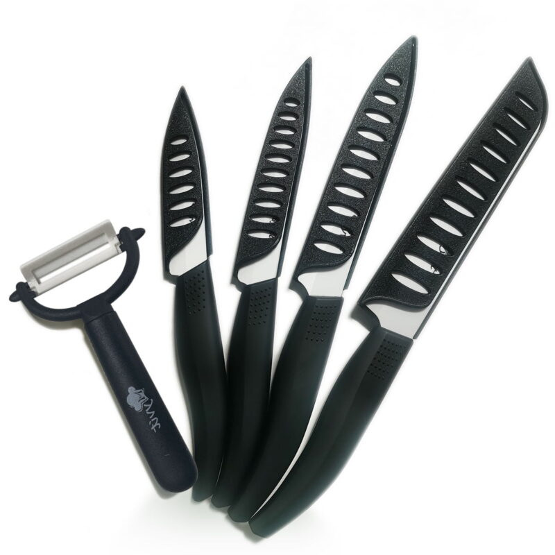 TiokMc Multifunctional Home Kitchen Knife Set, Ceramic Knife with Sheaths Includes Chef's Paring Bread Knife and One Peeler for Home Kitchen (5 Pieces, Black)