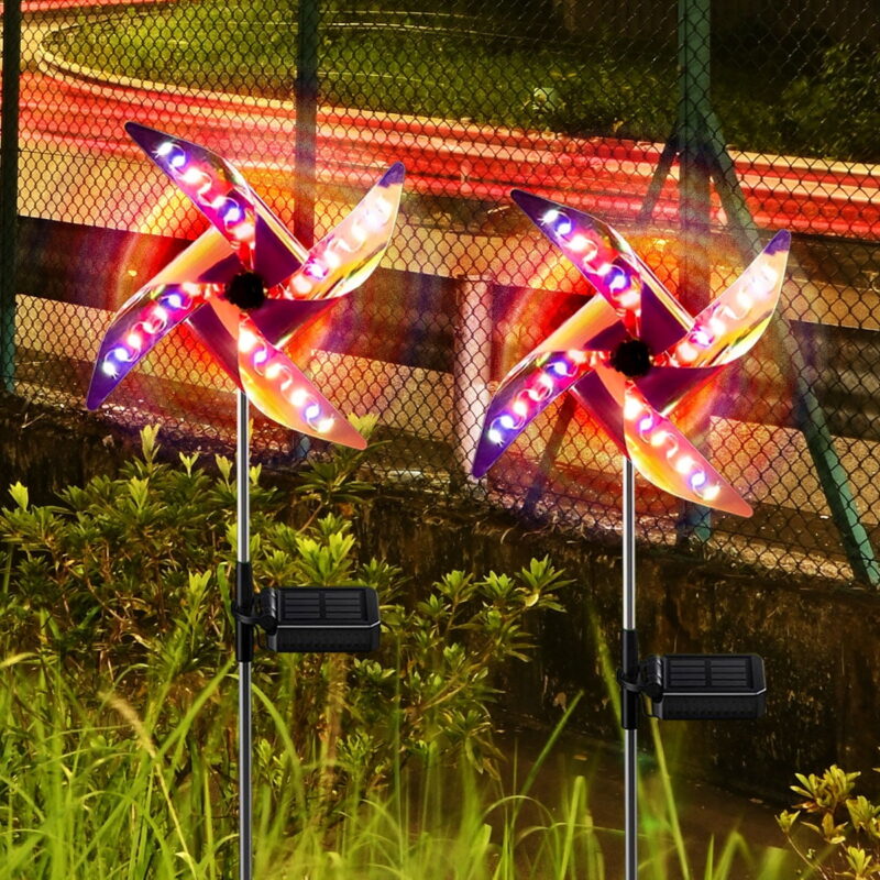 2 Pcs Solar Outdoor Light Wind Spinner with Metal Garden Stake Outdoor Color Changing LED Waterproof Garden Wind Catcher Yard Christmas Holiday Decoration