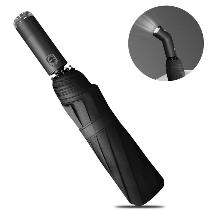 Windproof LED Sun & Rain Umbrella, Compact Automatic Folding Umbrella, Portable Travel Umbrella with LED Flashlight Handle for Men & Women, Black
