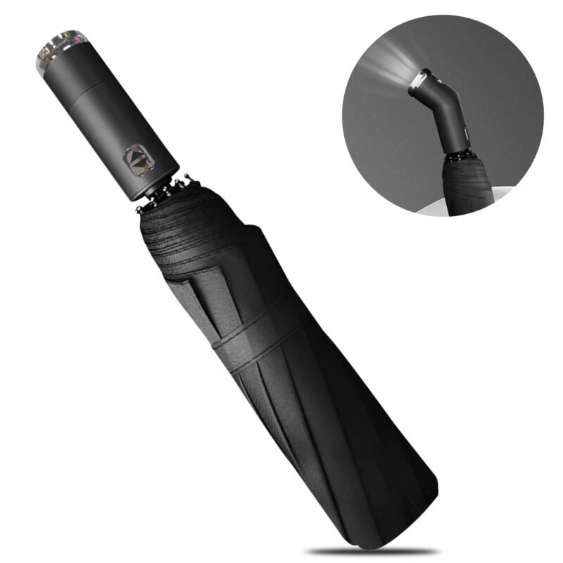 Windproof LED Sun & Rain Umbrella, Compact Automatic Folding Umbrella, Portable Travel Umbrella with LED Flashlight Handle for Men & Women, Black