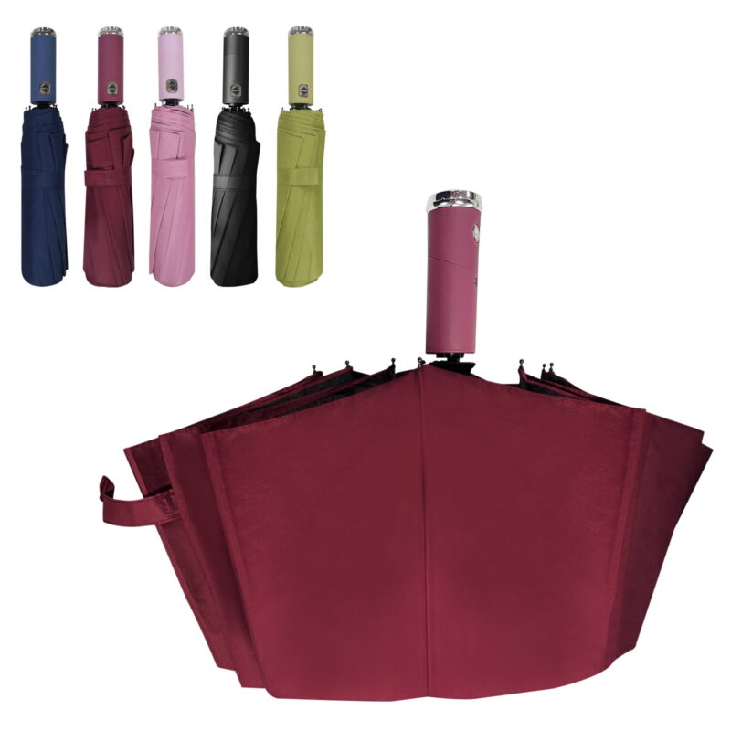 Windproof LED Sun & Rain Umbrella, Compact Automatic Folding Umbrella, Portable Travel Umbrella with LED Flashlight Handle for Men & Women, Red