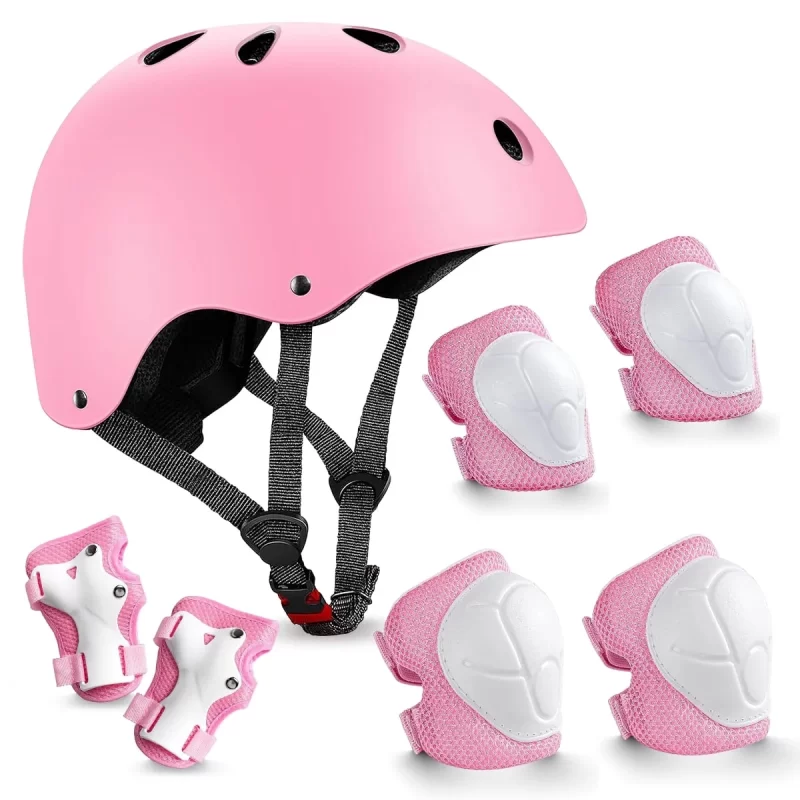 TiokMc Kids Bike Helmet with Knee Elbow Wrist Pads, 7-in-1 Toddler Protective Gear Set for Ages 3-8 Boys Girls, for Skateboard, Scooter, Cycling, Rollerblading, Adjustable Fit