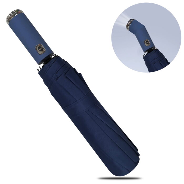 Windproof LED Sun & Rain Umbrella, Compact Automatic Folding Umbrella, Portable Travel Umbrella with LED Flashlight Handle for Men & Women, Blue