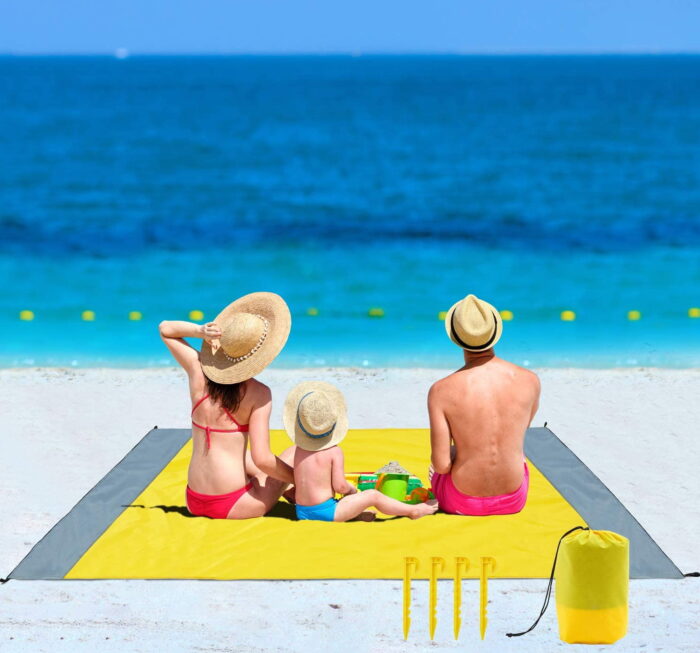 Beach Blanket-Sand Proof Beach Mat 83''×78'' for 4-7 Adults- with 4 Corner Sand Pockets & Stakes -Waterproof Picnic Blanket Lightweight,Quick Drying & Heat Proof