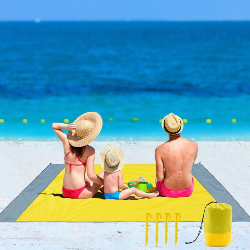 Beach Blanket-Sand Proof Beach Mat 83''×78'' for 4-7 Adults- with 4 Corner Sand Pockets & Stakes -Waterproof Picnic Blanket Lightweight,Quick Drying & Heat Proof