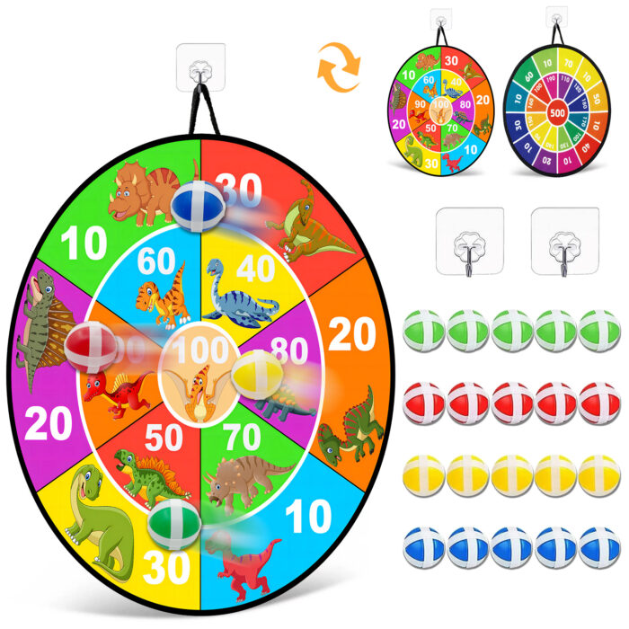 Rirool Kids Double-Sided Dart Board Game 28.74 in, Dinosaur Style with 20 Sticky Balls