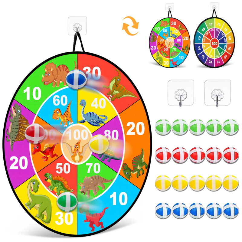 Rirool Kids Double-Sided Dart Board Game 28.74 in, Dinosaur Style with 20 Sticky Balls