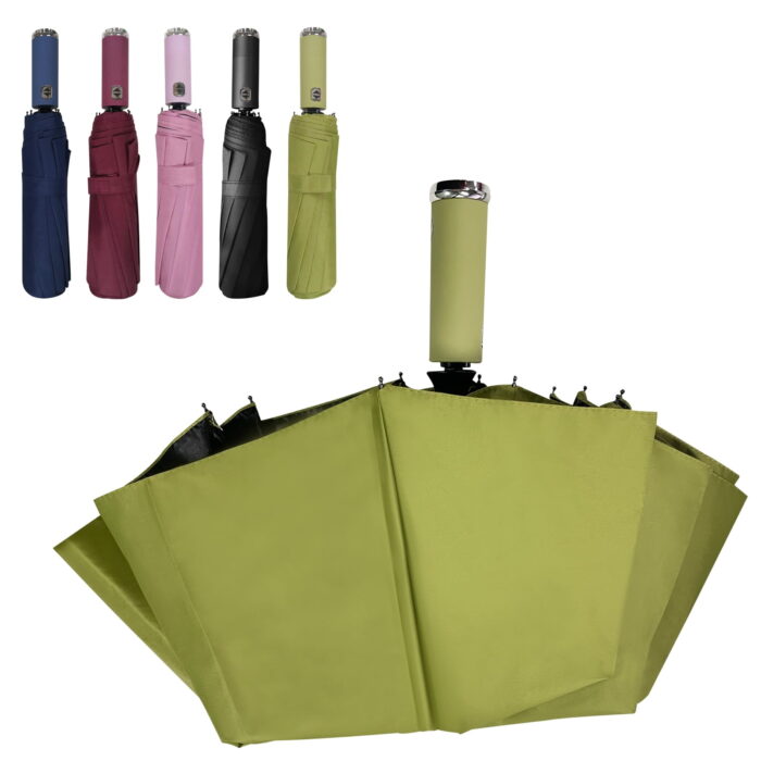 Windproof LED Sun & Rain Umbrella, Compact Automatic Folding Umbrella, Portable Travel Umbrella with LED Flashlight Handle for Men & Women, Green