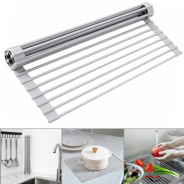 TiokMc Over The Sink Roll Up Dish Drying Rack, Foldable Silicone Coated Steel Drainer, Heat-Resistant Kitchen Sink Rack, Multipurpose 17.5" x 13"
