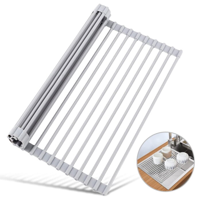 TiokMc Foldable Over The Sink Dish Drying Rack, Heat-Resistant Silicone Coated Steel Drainer, Multipurpose Roll Up Sink Rack - 17.5" x 13"