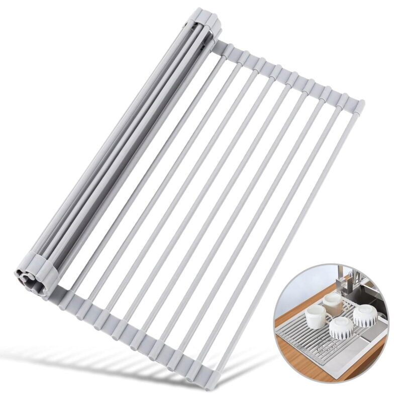 TiokMc Foldable Over The Sink Dish Drying Rack, Heat-Resistant Silicone Coated Steel Drainer, Multipurpose Roll Up Sink Rack - 17.5" x 13"