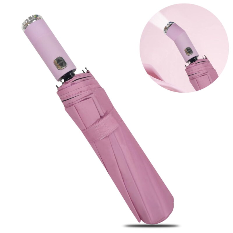 Windproof LED Sun & Rain Umbrella, Compact Automatic Folding Umbrella, Portable Travel Umbrella with LED Flashlight Handle for Men & Women, Pink