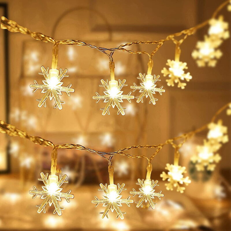 Snowflake String Lights,Christmas String Lights 20ft 40LED Snowflake Lights Battery Operated Fairy Lights 2 Modes Xmas Lights Indoor Outdoor for Bedroom Home Party(Warm White)