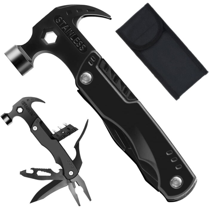 TiokMc 12-in-1 Stainless Steel Camping Hammer Multitool with Safety Locking - Portable and Durable Outdoor Survival Gear with Sheath