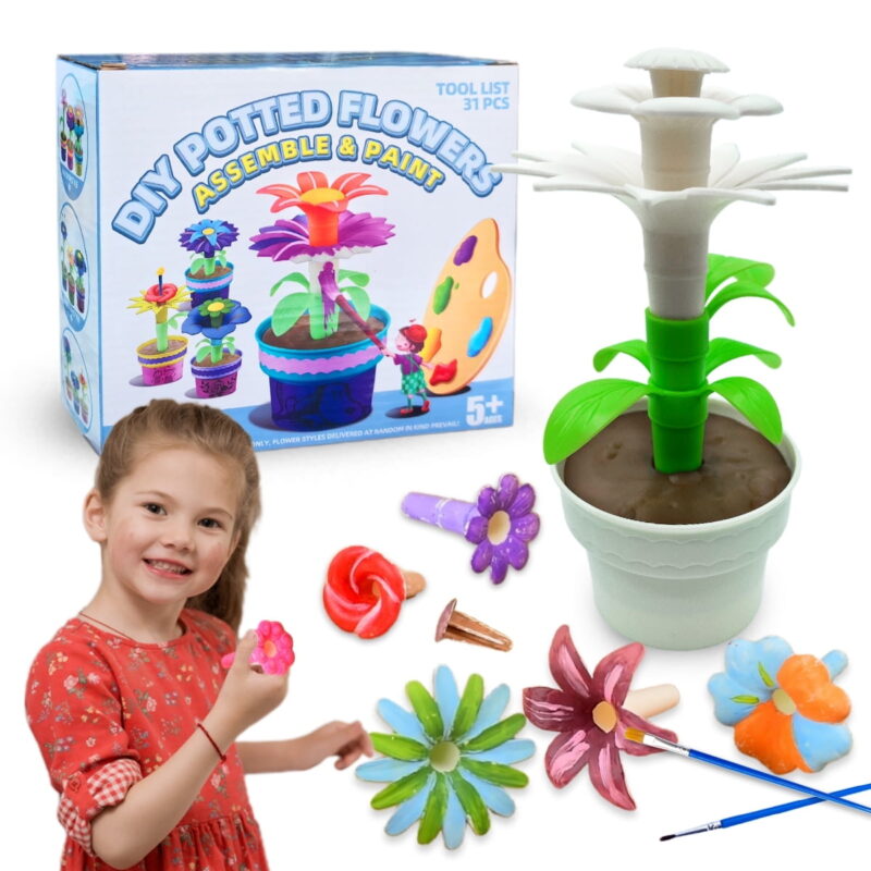 DIY Flower Craft Kit for Kids - 3 Pack Artificial Potted Flowers with Paint Set - Home Office Decoration - 31 Pcs