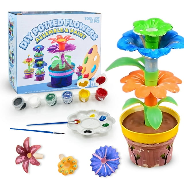 Kids DIY Flower Craft Kit - 3 Pack Artificial Potted Flowers with Paint Set - Home Office Decor - 31 Pcs