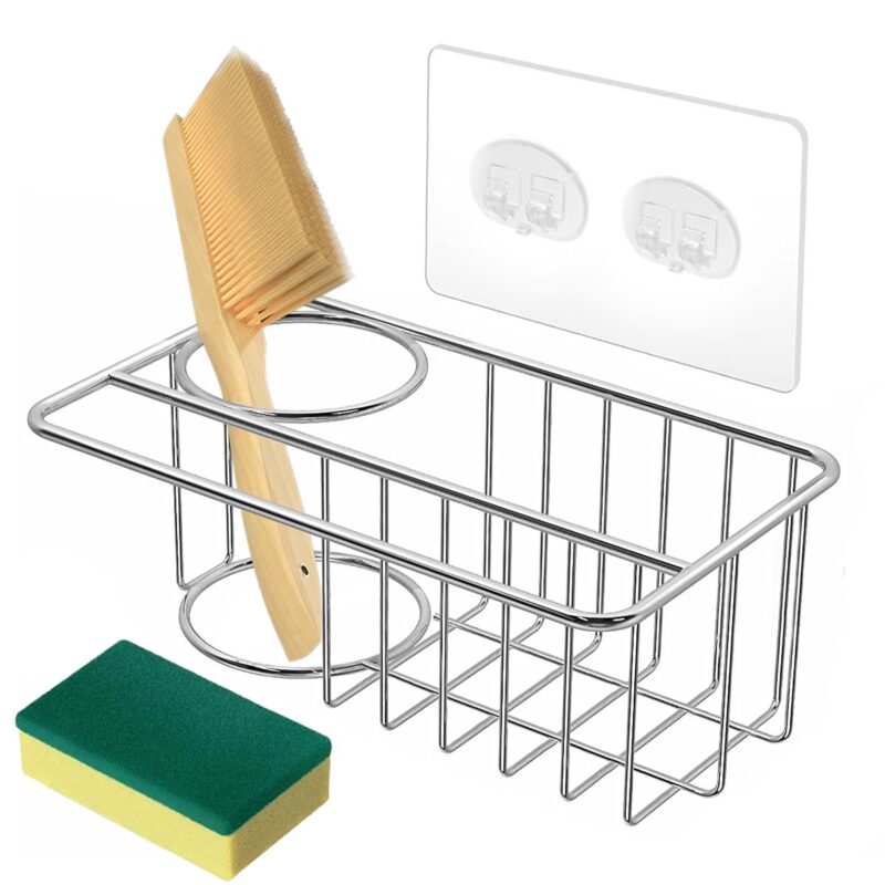 TiokMc Stainless Steel Sink Caddy Organizer, Rustproof & Durable Adhesive Sink Caddy, Silver