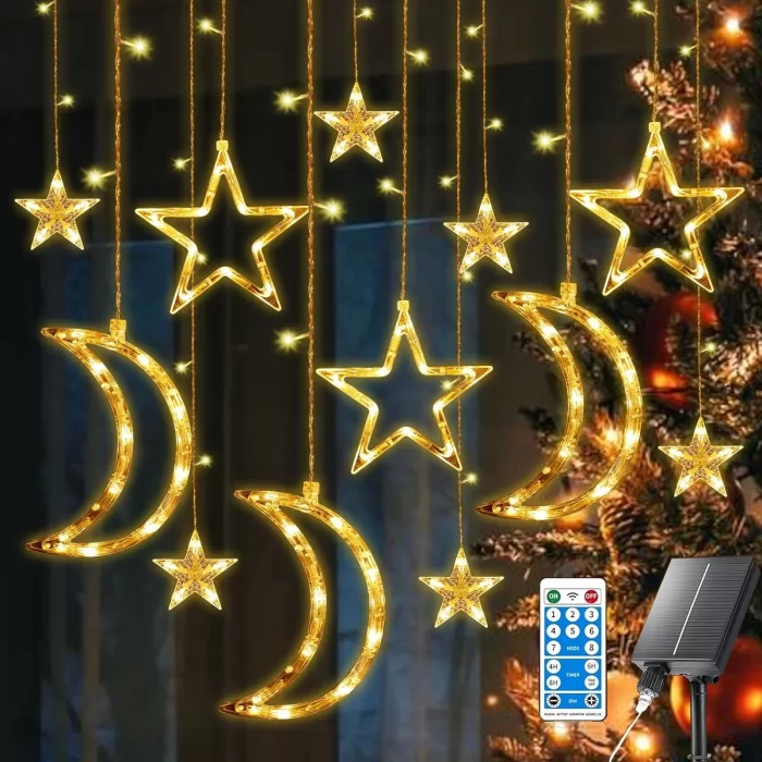 Solar Moon Star String Lights 138LED Curtain Lights USB Rechargeable 8 Modes Remote Fairy Lights for Patio Gazebo