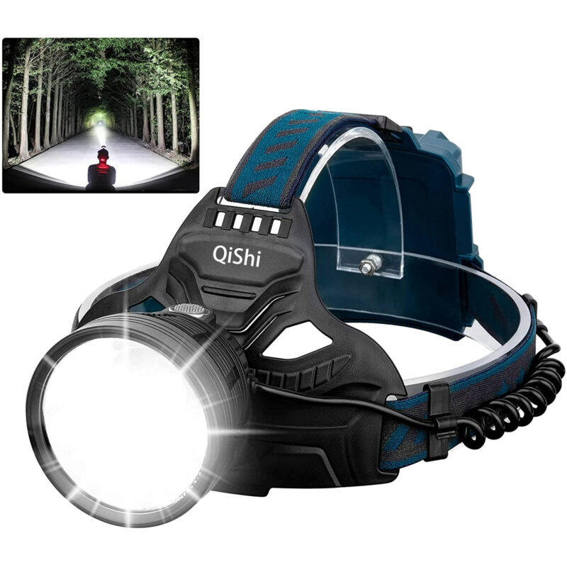 QiShi Adult LED Rechargeable Headlamp, 90000 Lumens Super Bright Headlamp Torch 90° Adjustable 4 Modes IPX5 Waterproof USB Rechargeable Headlamp