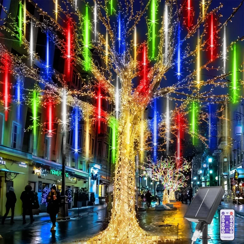 Solar Meteor Shower Icicle Lights - 8 Tubes 192 LED 11.8-inch Raindrop Lights with Remote Control Timer Function for Holiday Party Christmas Decorations (Multicolor)