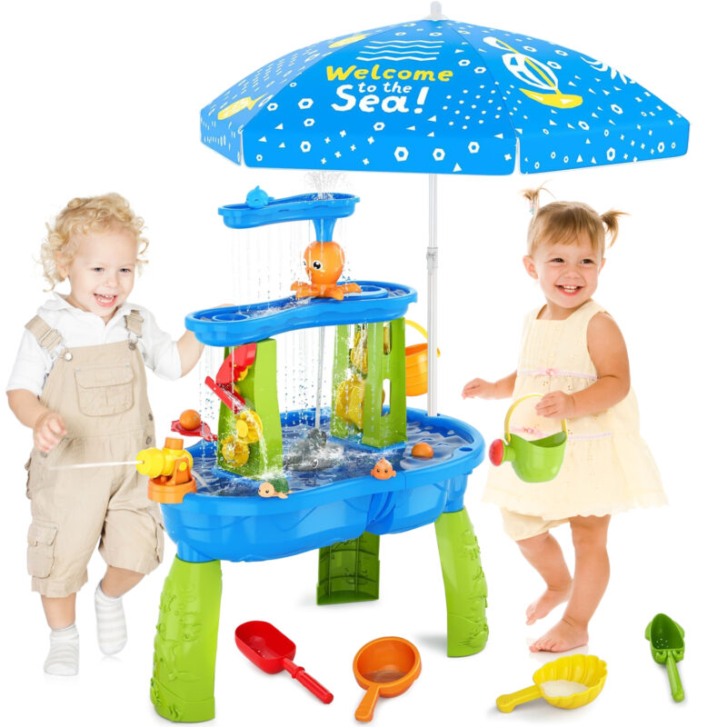3-Tier Water Table for Toddlers with Umbrella & Water Pump