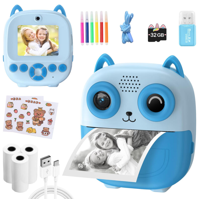 Instant Print Camera for Kids - 1080P HD, 32MP, 32GB Card, 3 Rolls Paper, Stickers Blue