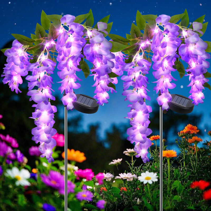 2 Pack Solar Wisteria Flower Lights, Waterproof Solar Lights Outdoor purple