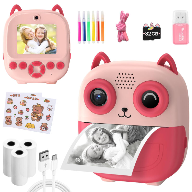 Instant Print Camera for Kids - 1080P HD, 32MP, 32GB Card, 3 Rolls Paper, Stickers Pink