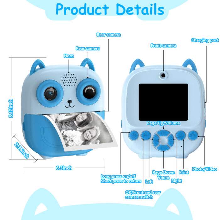 Instant Print Camera for Kids - 1080P HD, 32MP, 32GB Card, 3 Rolls Paper, Stickers Blue - Image 2